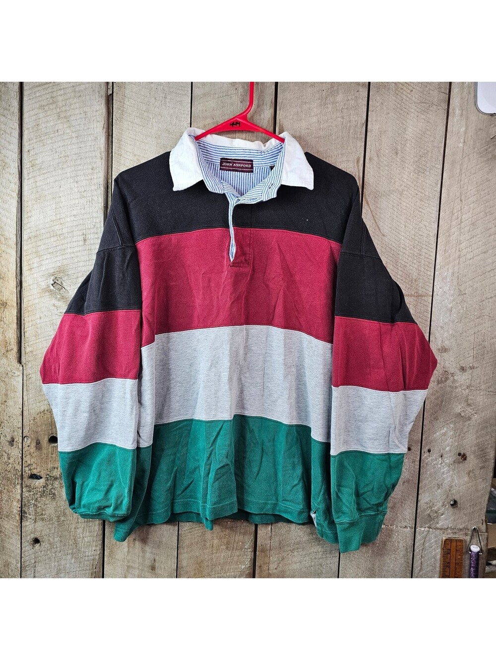John Ashford Men's Large L Rugby Polo Shirt Colorblock Striped Long Sleeve